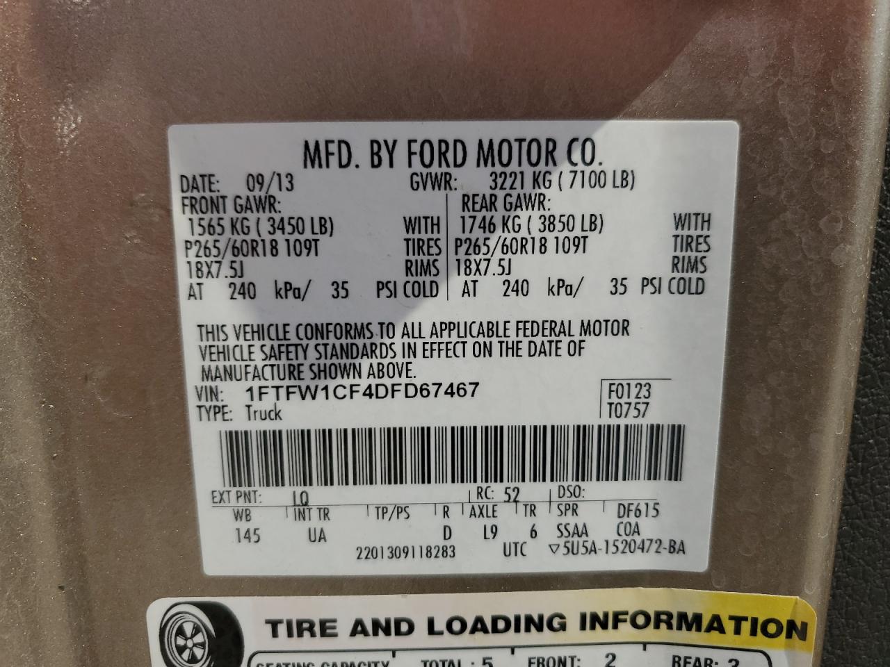 2013 Ford F150 Supercrew vin: 1FTFW1CF4DFD67467