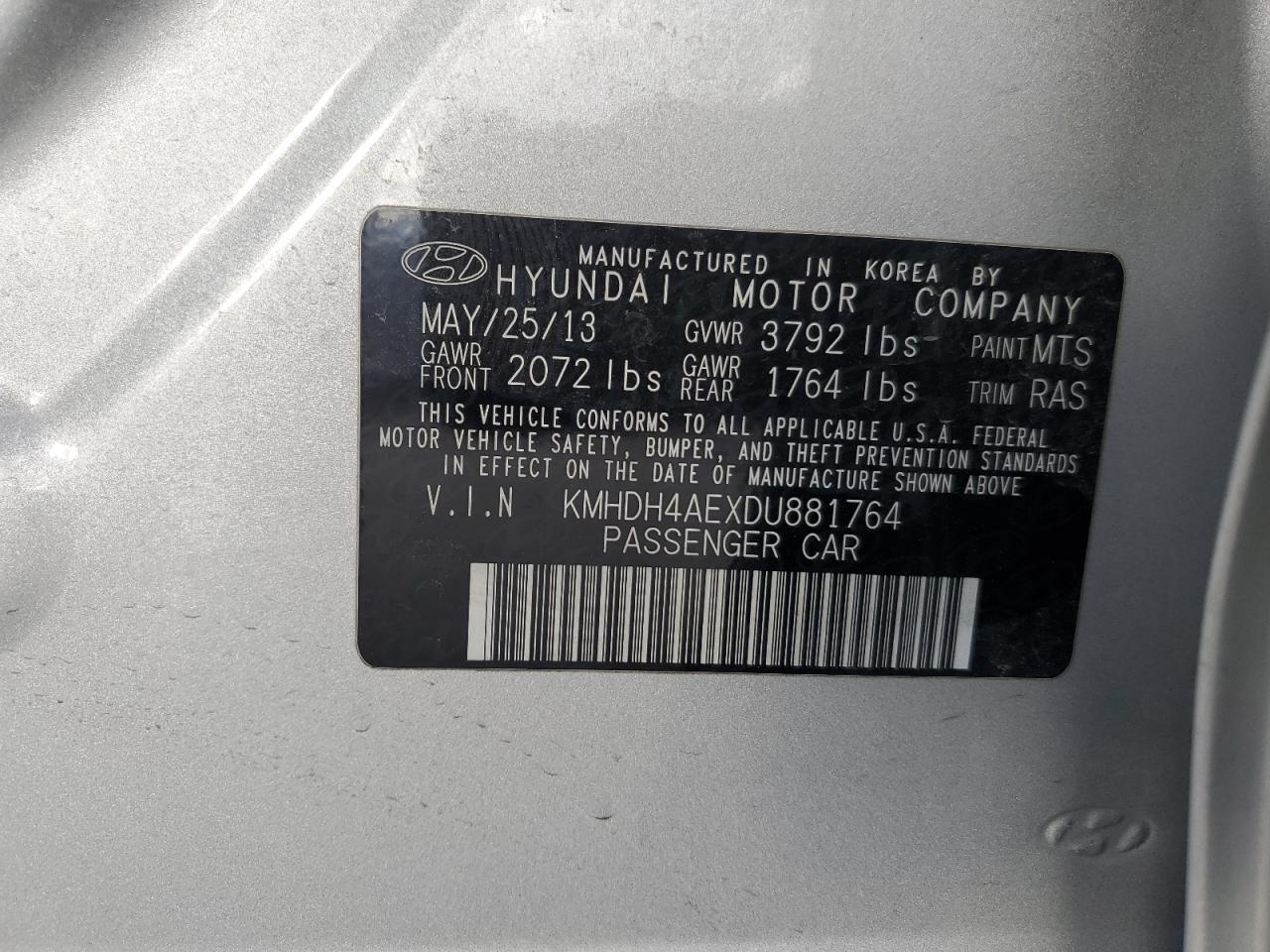 KMHDH4AEXDU881764 2013 Hyundai Elantra Gls