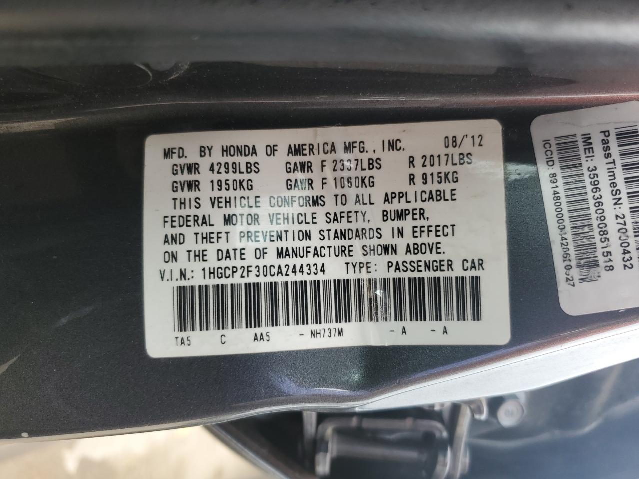 1HGCP2F30CA244334 2012 Honda Accord Lx