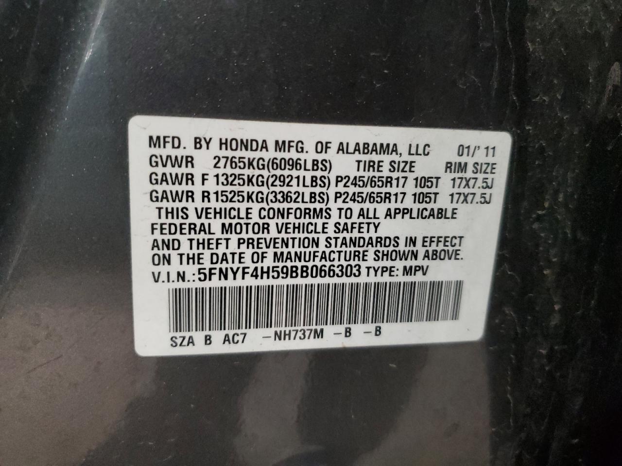 5FNYF4H59BB066303 2011 Honda Pilot Exl