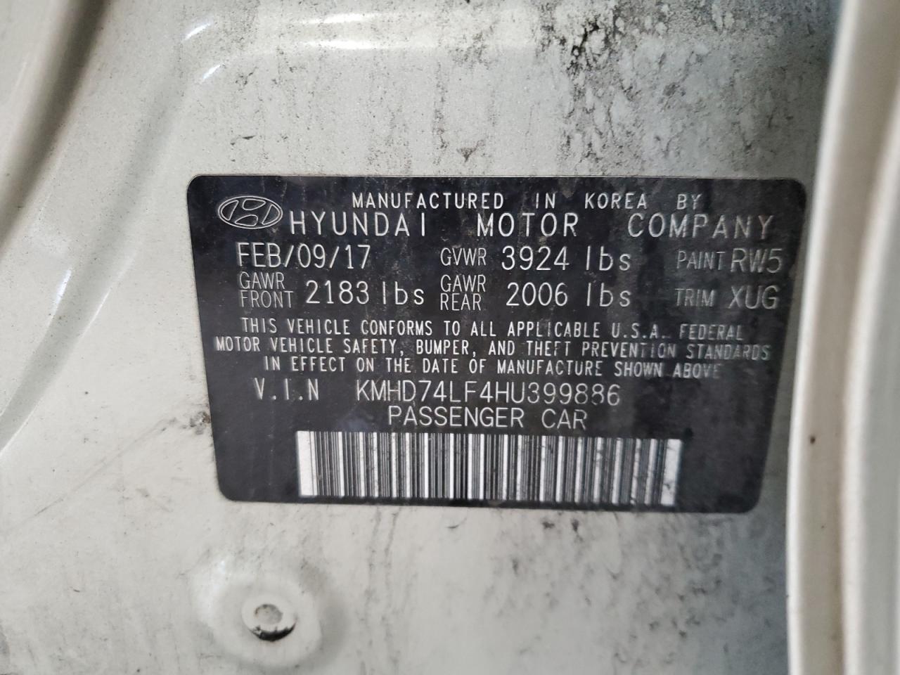 KMHD74LF4HU399886 2017 Hyundai Elantra Se