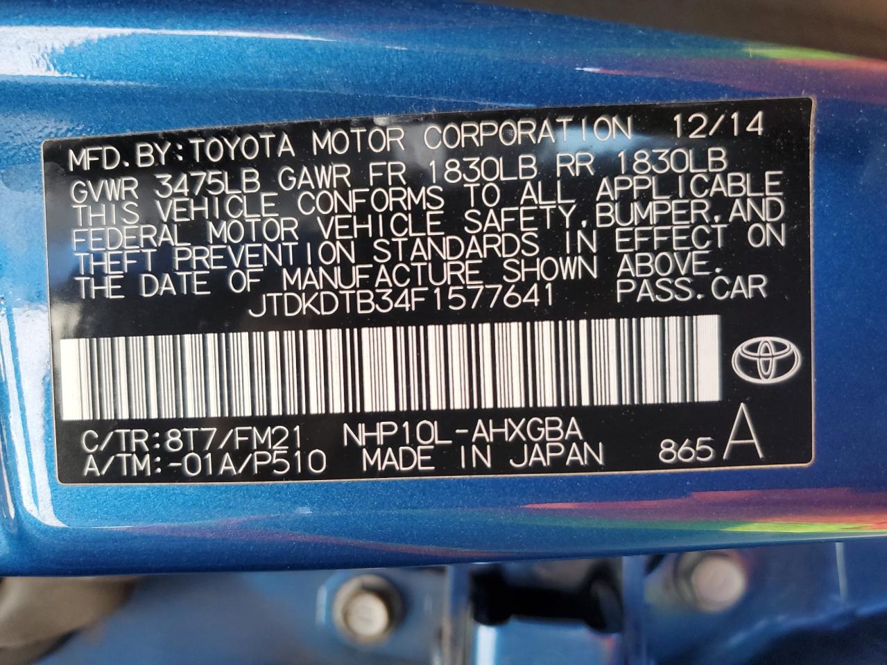 JTDKDTB34F1577641 2015 Toyota Prius C