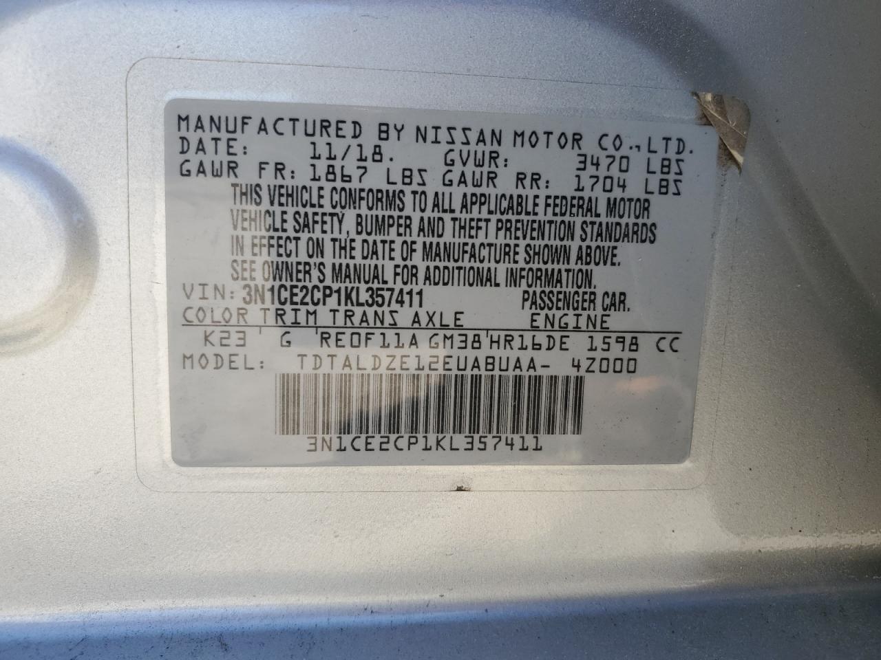 3N1CE2CP1KL357411 2019 Nissan Versa Note S