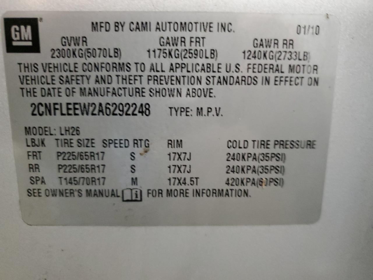 2CNFLEEW2A6292248 2010 Chevrolet Equinox Lt