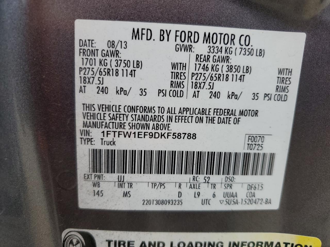 1FTFW1EF9DKF58788 2013 Ford F150 Supercrew
