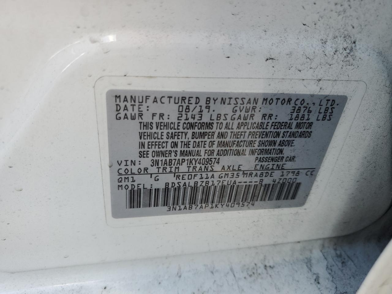 3N1AB7AP1KY409574 2019 Nissan Sentra S