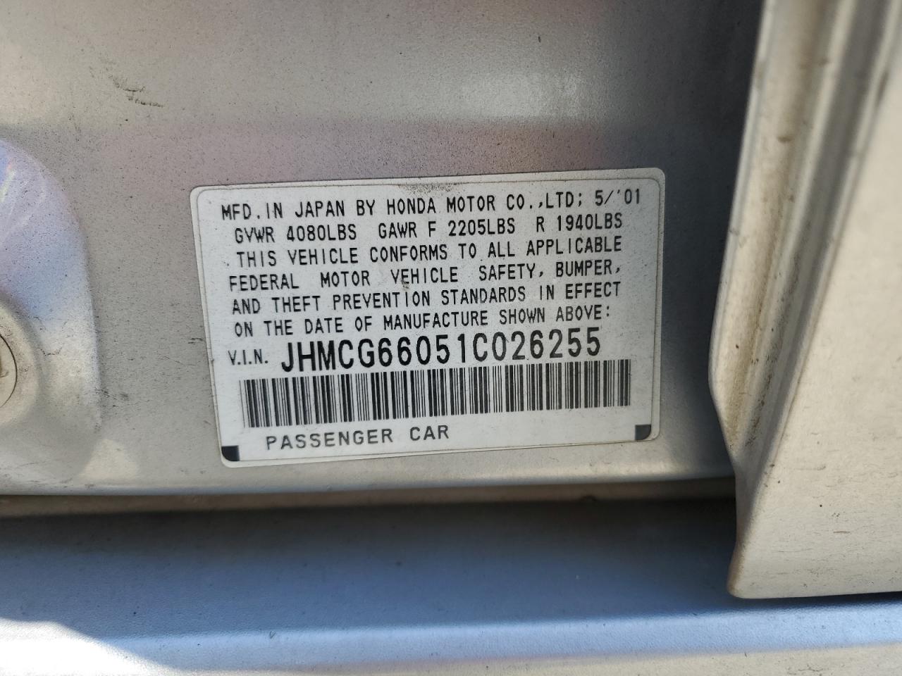 JHMCG66051C026255 2001 Honda Accord Ex