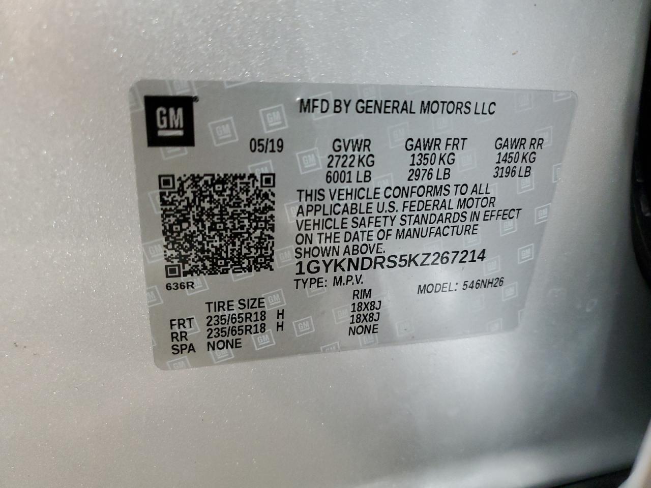 1GYKNDRS5KZ267214 2019 Cadillac Xt5 Luxury