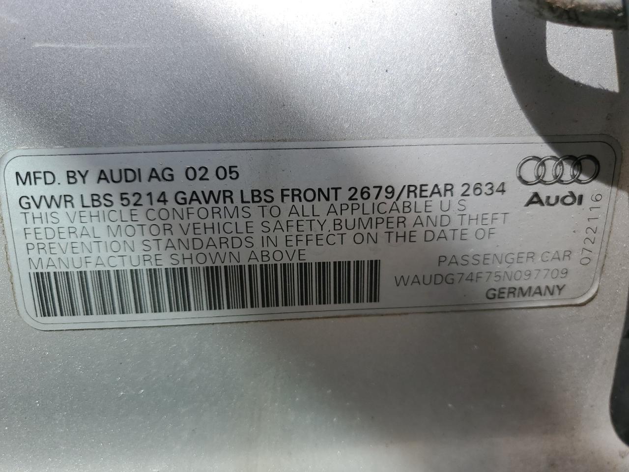 WAUDG74F75N097709 2005 Audi A6 3.2 Quattro