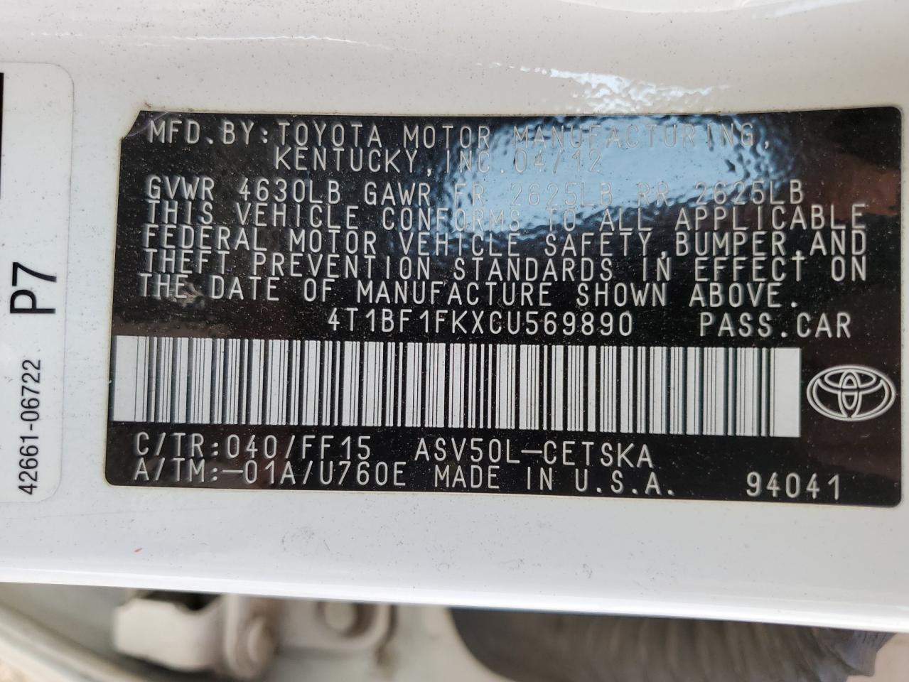 4T1BF1FKXCU569890 2012 Toyota Camry Base