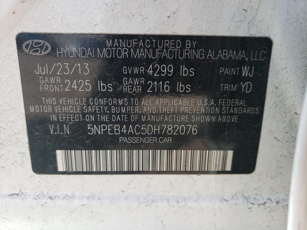 5NPEB4AC5DH782076 2013 Hyundai Sonata Gls