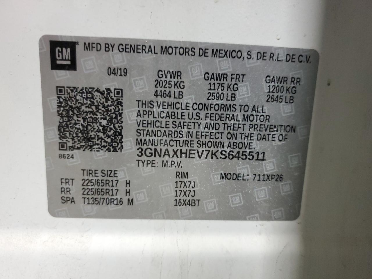 3GNAXHEV7KS645511 2019 Chevrolet Equinox Ls