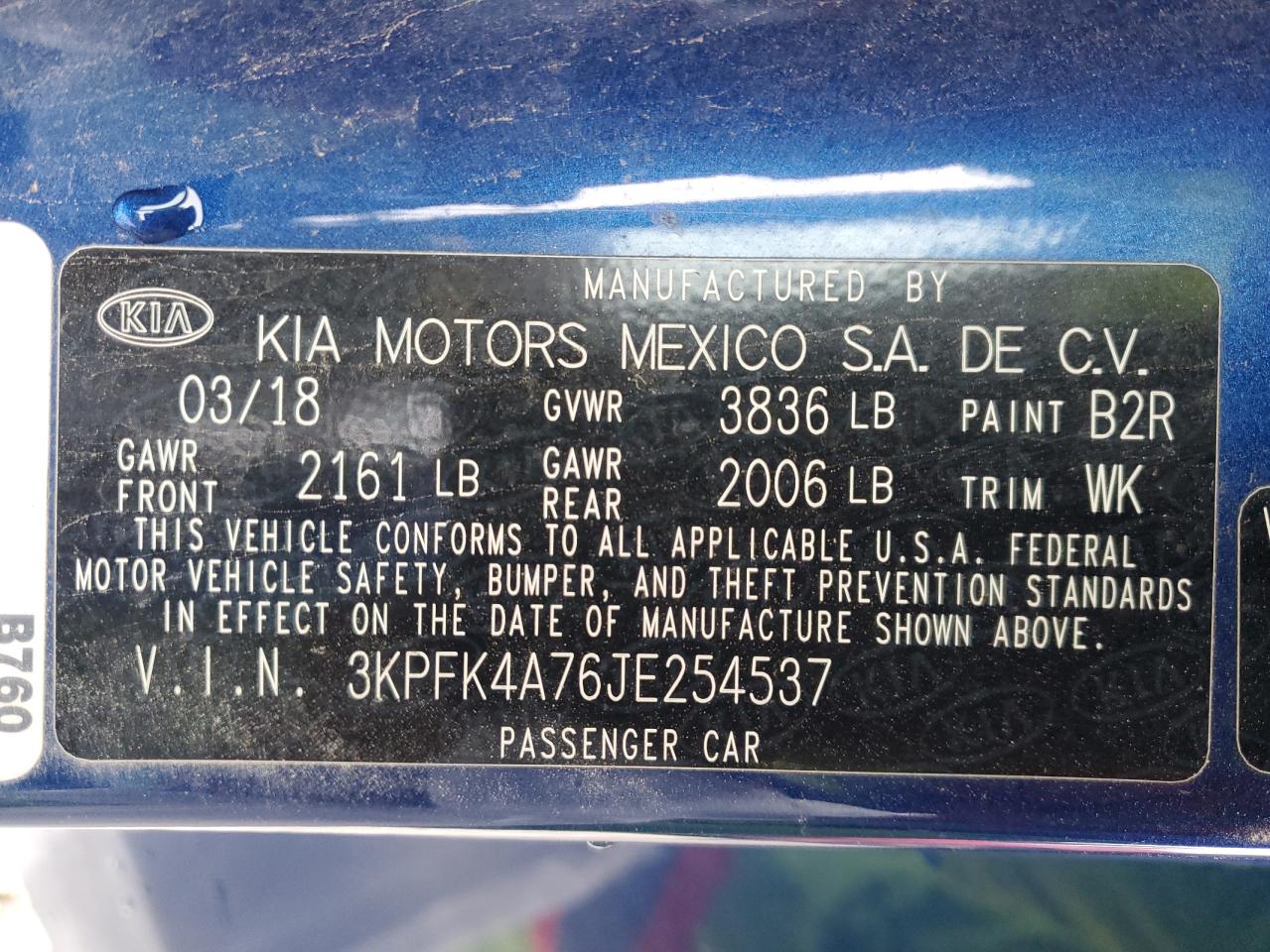 3KPFK4A76JE254537 2018 Kia Forte Lx