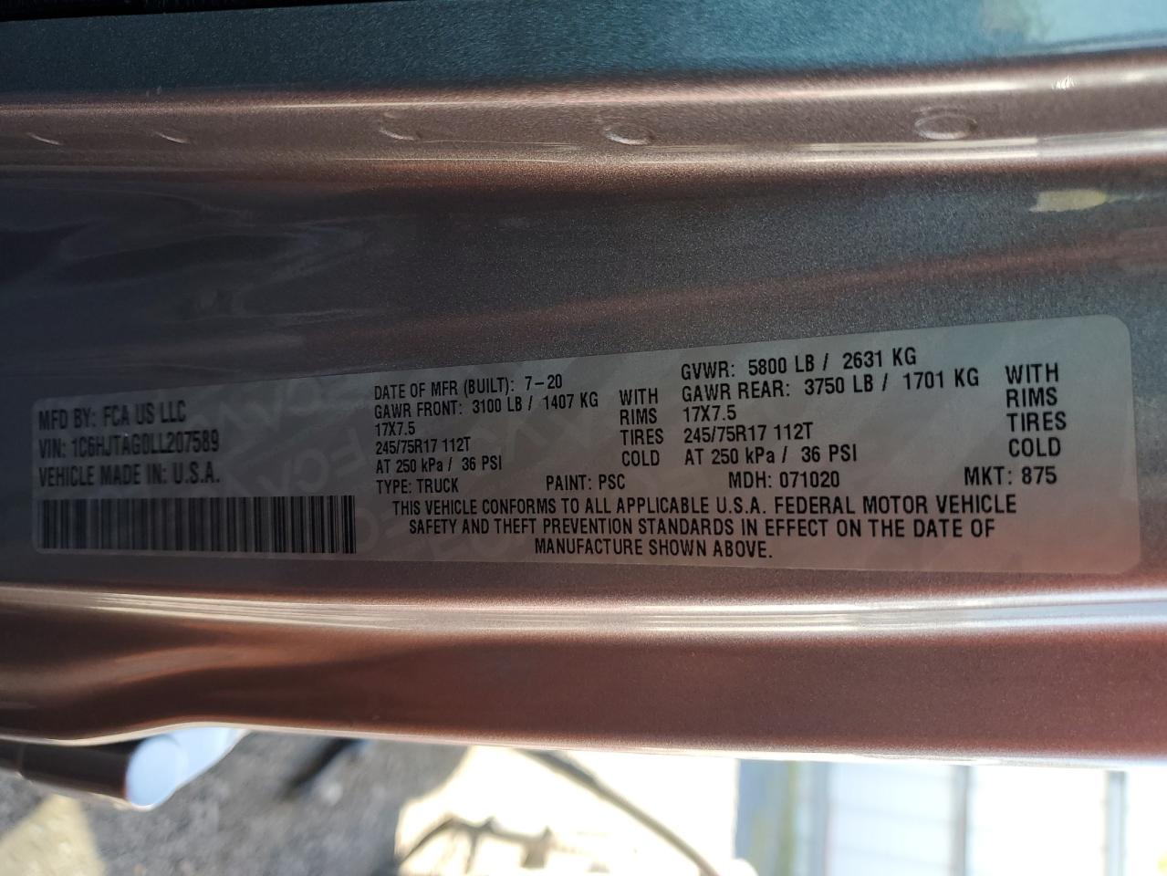 1C6HJTAG0LL207589 2020 Jeep Gladiator Sport