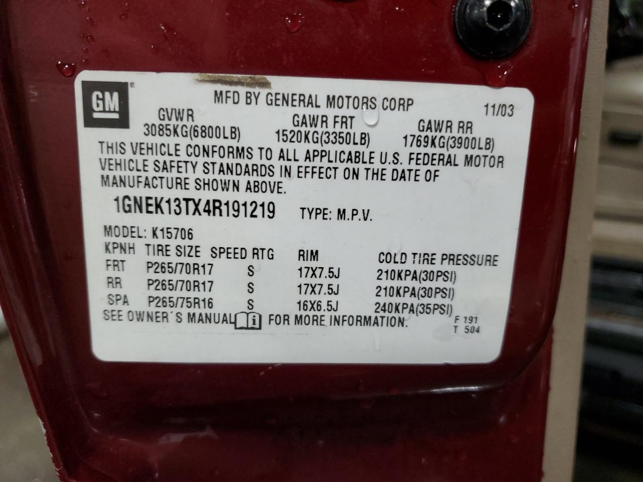 1GNEK13TX4R191219 2004 Chevrolet Tahoe K1500