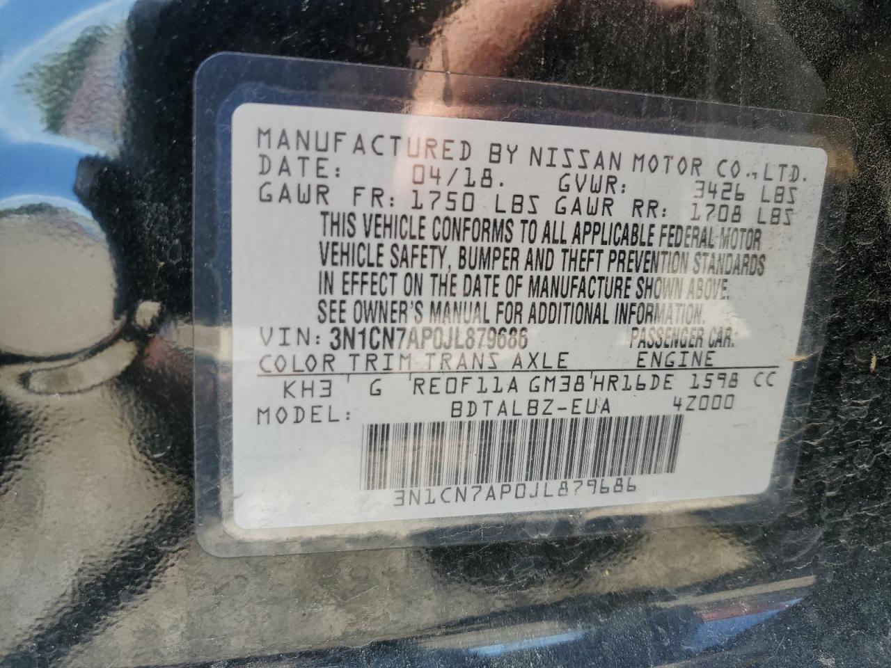 3N1CN7AP0JL879686 2018 Nissan Versa S