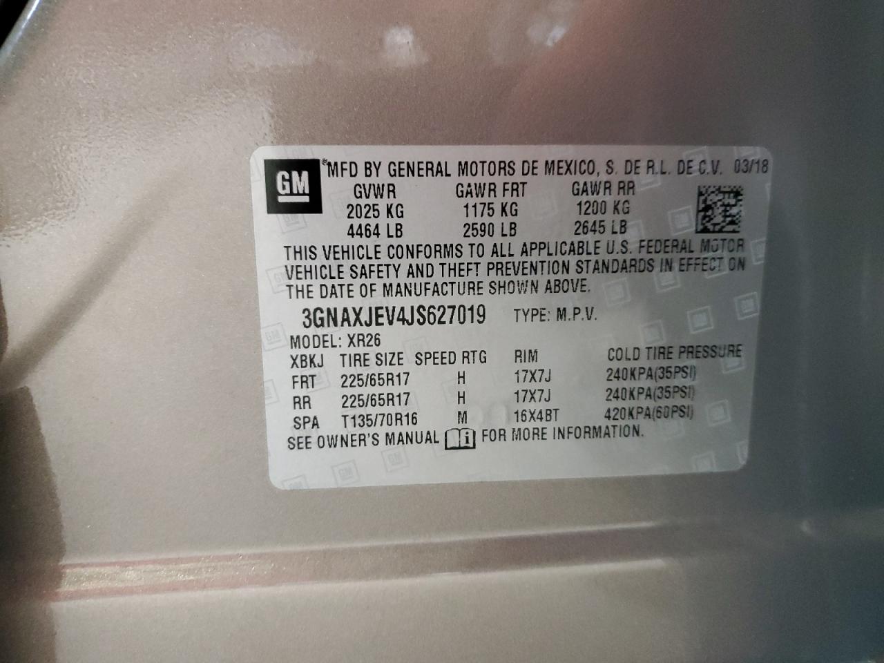 3GNAXJEV4JS627019 2018 Chevrolet Equinox Lt