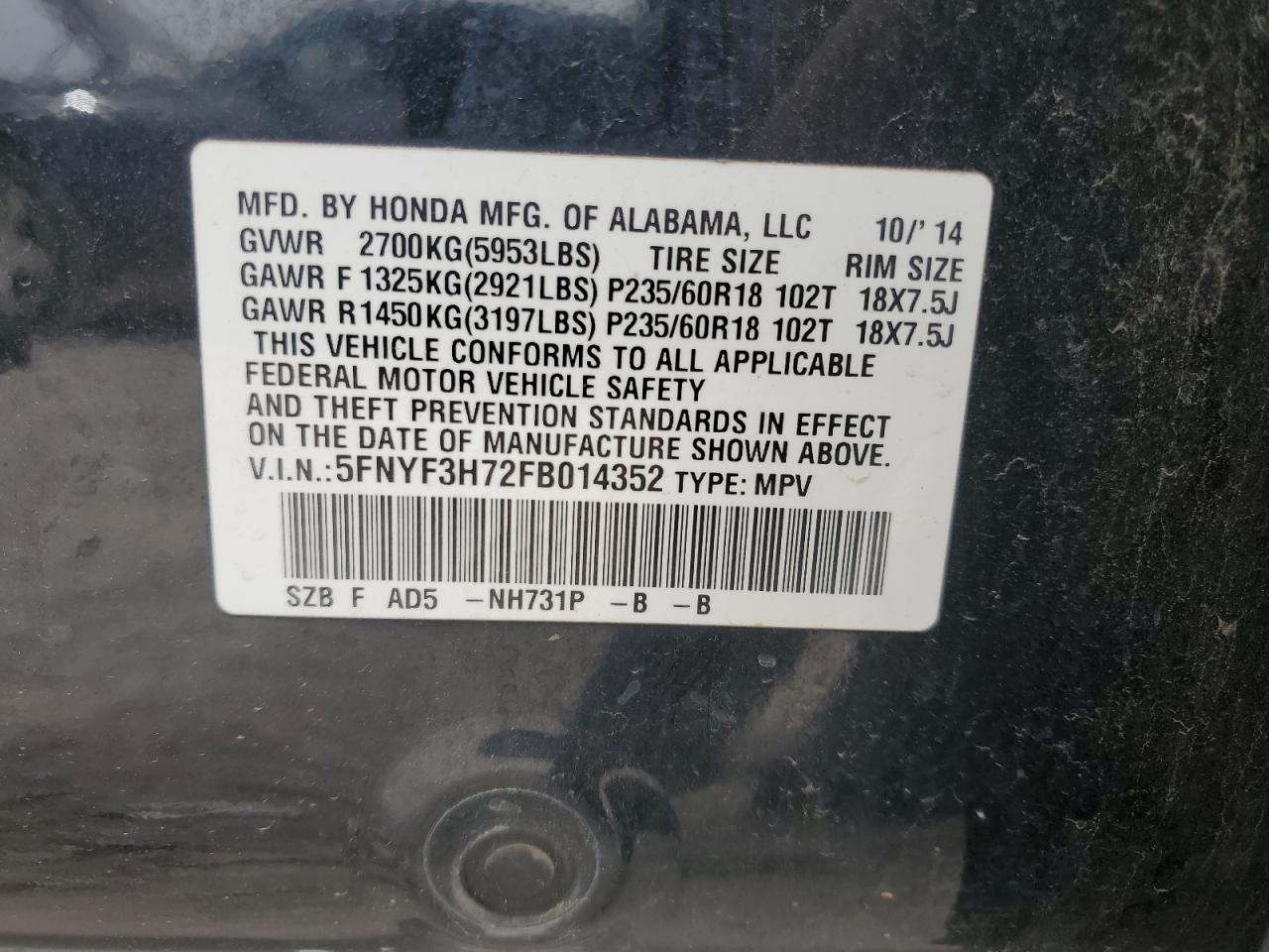 5FNYF3H72FB014352 2015 Honda Pilot Exln