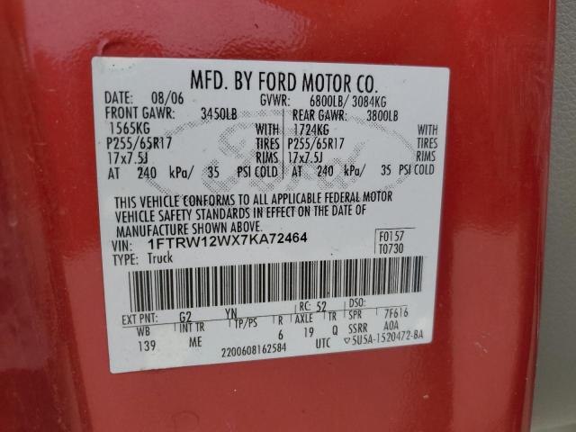 2007 Ford F150 Supercrew VIN: 1FTRW12WX7KA72464 Lot: 51611964