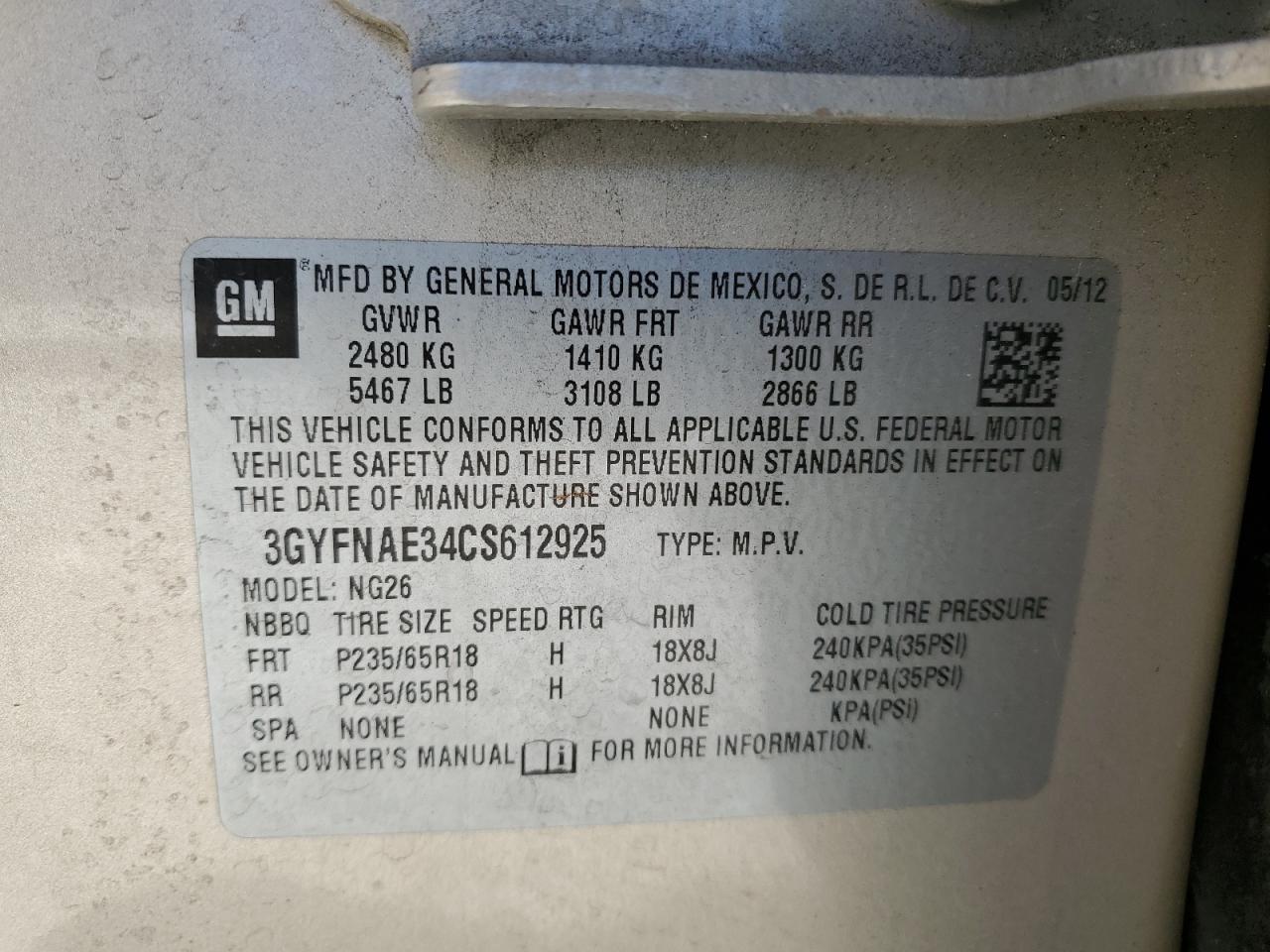 3GYFNAE34CS612925 2012 Cadillac Srx Luxury Collection