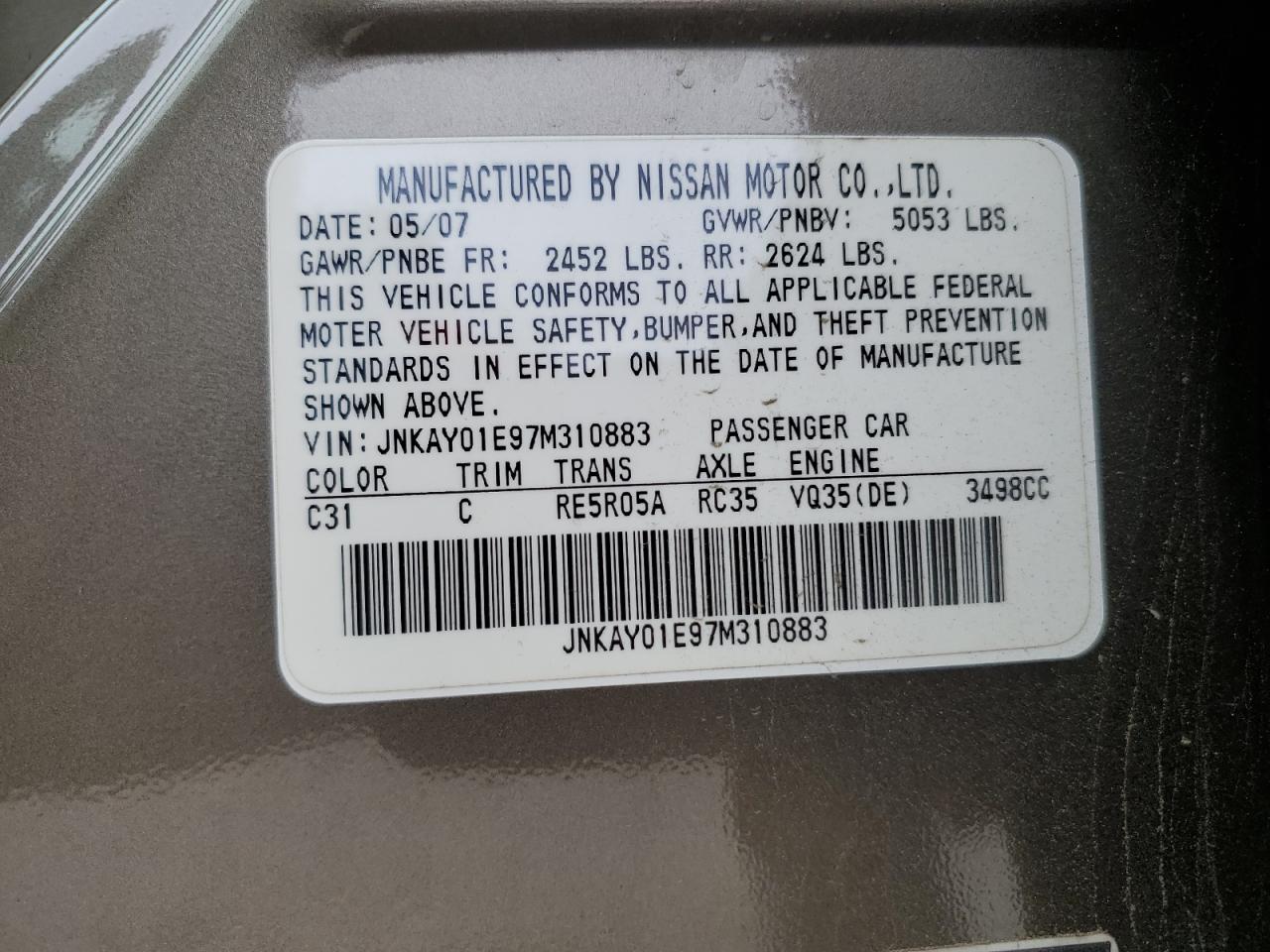 JNKAY01E97M310883 2007 Infiniti M35 Base