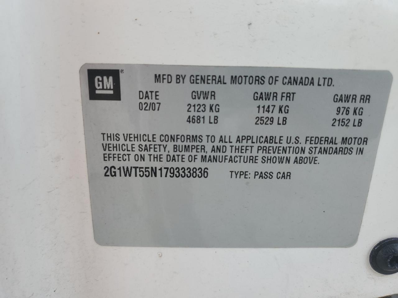 2G1WT55N179333836 2007 Chevrolet Impala Lt