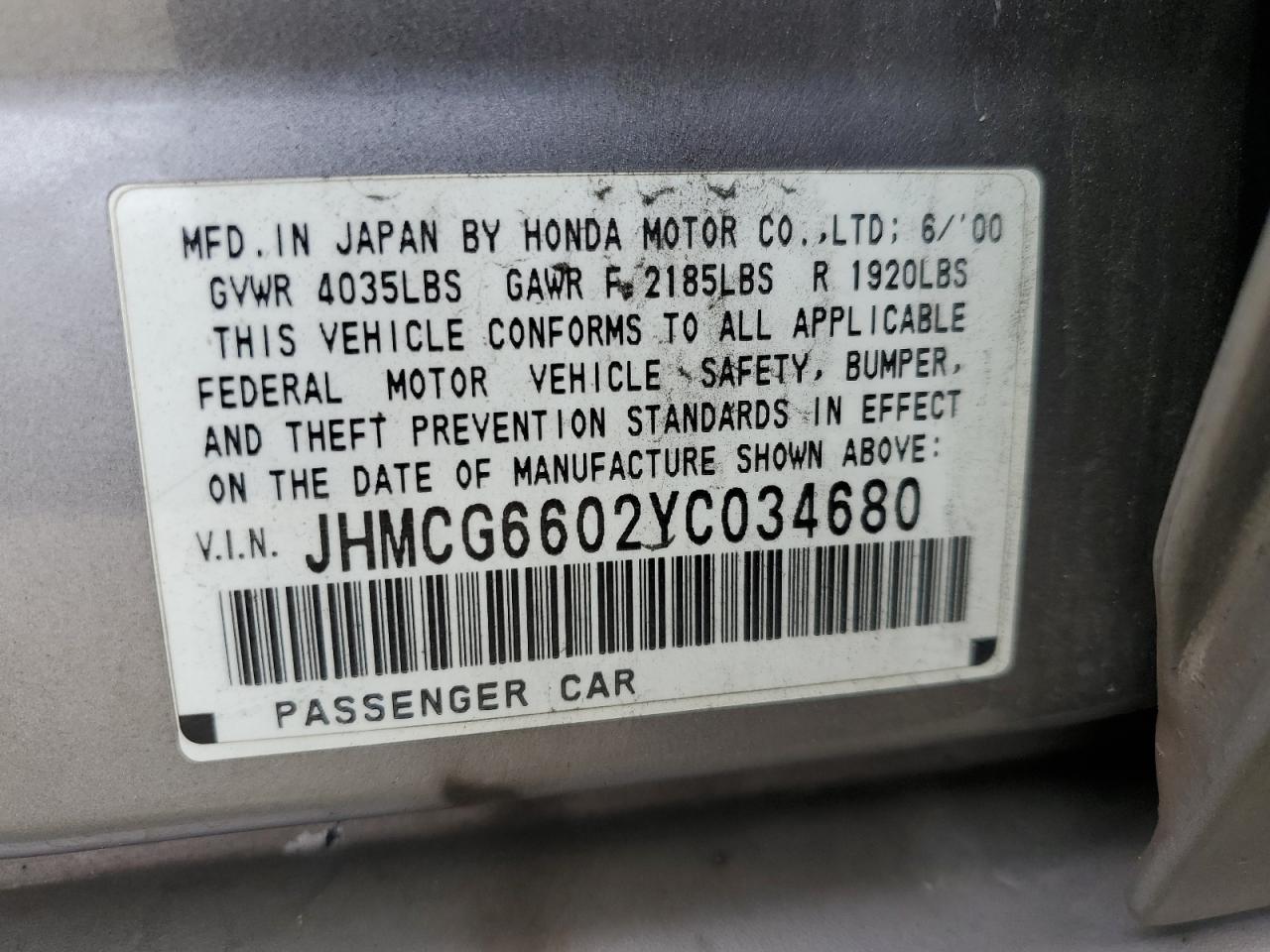JHMCG6602YC034680 2000 Honda Accord Ex