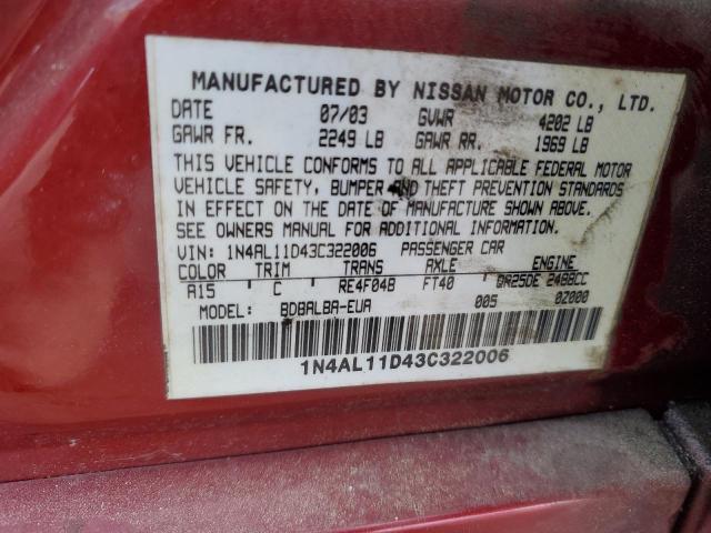 2003 Nissan Altima Base VIN: 1N4AL11D43C322006 Lot: 52180894