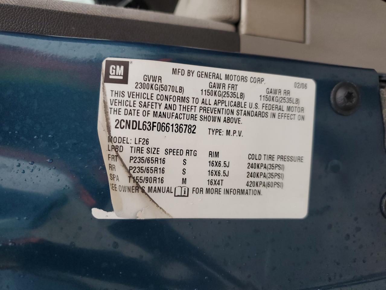 2CNDL63F066136782 2006 Chevrolet Equinox Lt