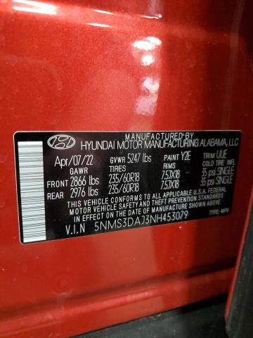 2022 Hyundai Santa Fe Sel VIN: 5NMS3DAJ3NH453079 Lot: 51397124