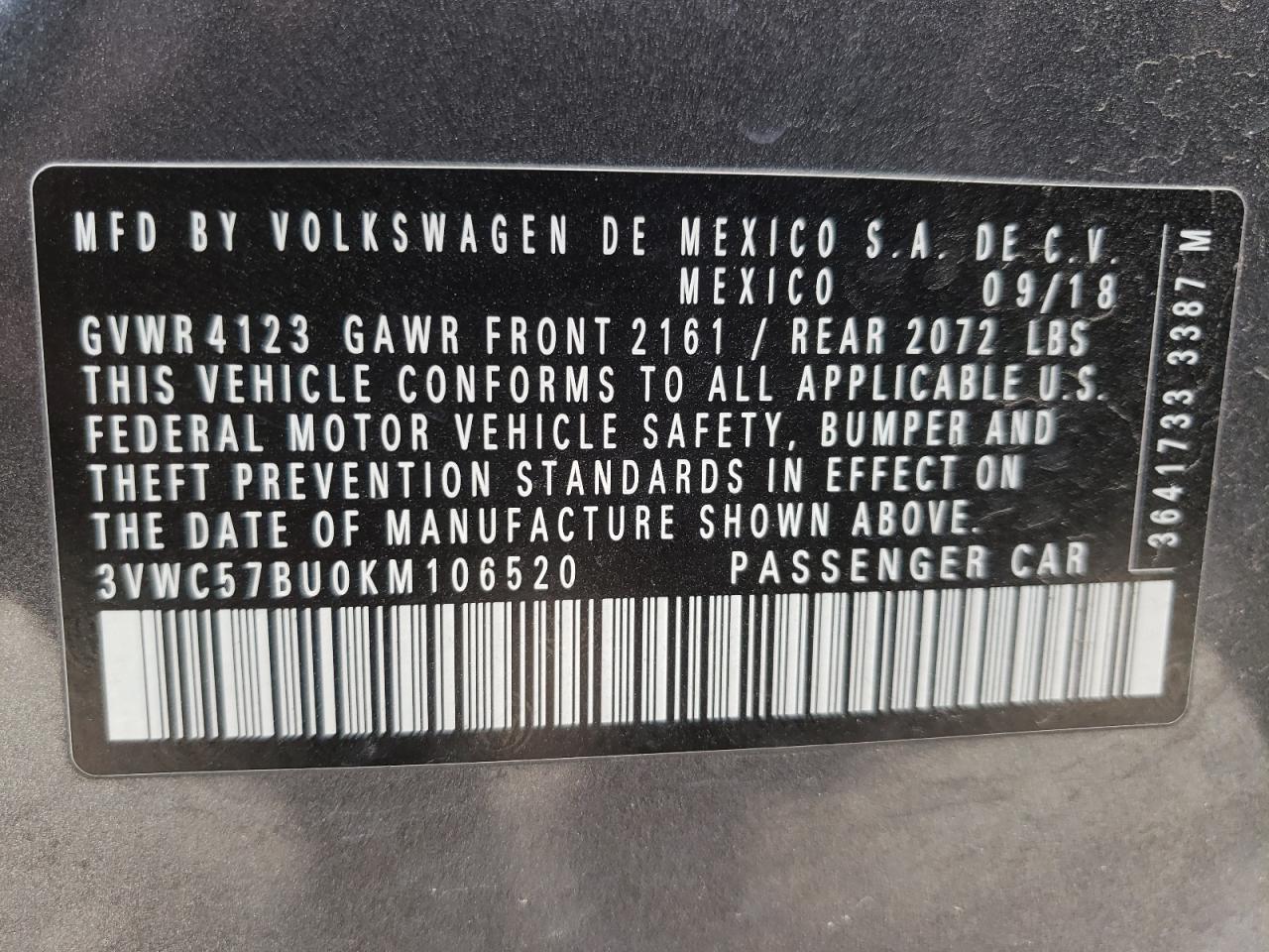 3VWC57BU0KM106520 2019 Volkswagen Jetta S