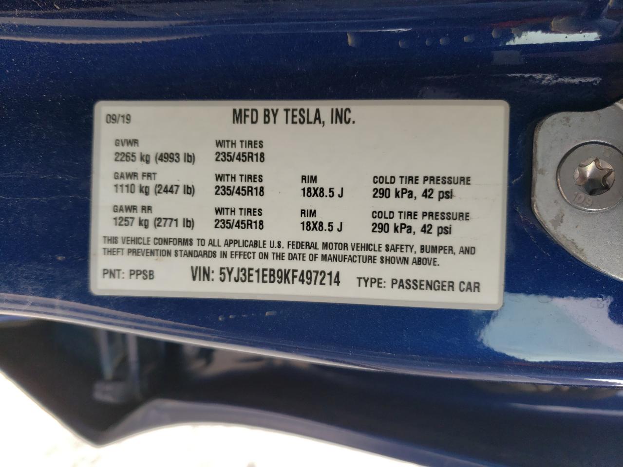 5YJ3E1EB9KF497214 2019 Tesla Model 3