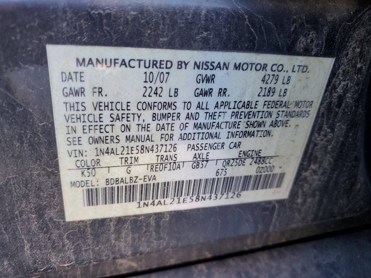 1N4AL21E58N437126 2008 Nissan Altima 2.5