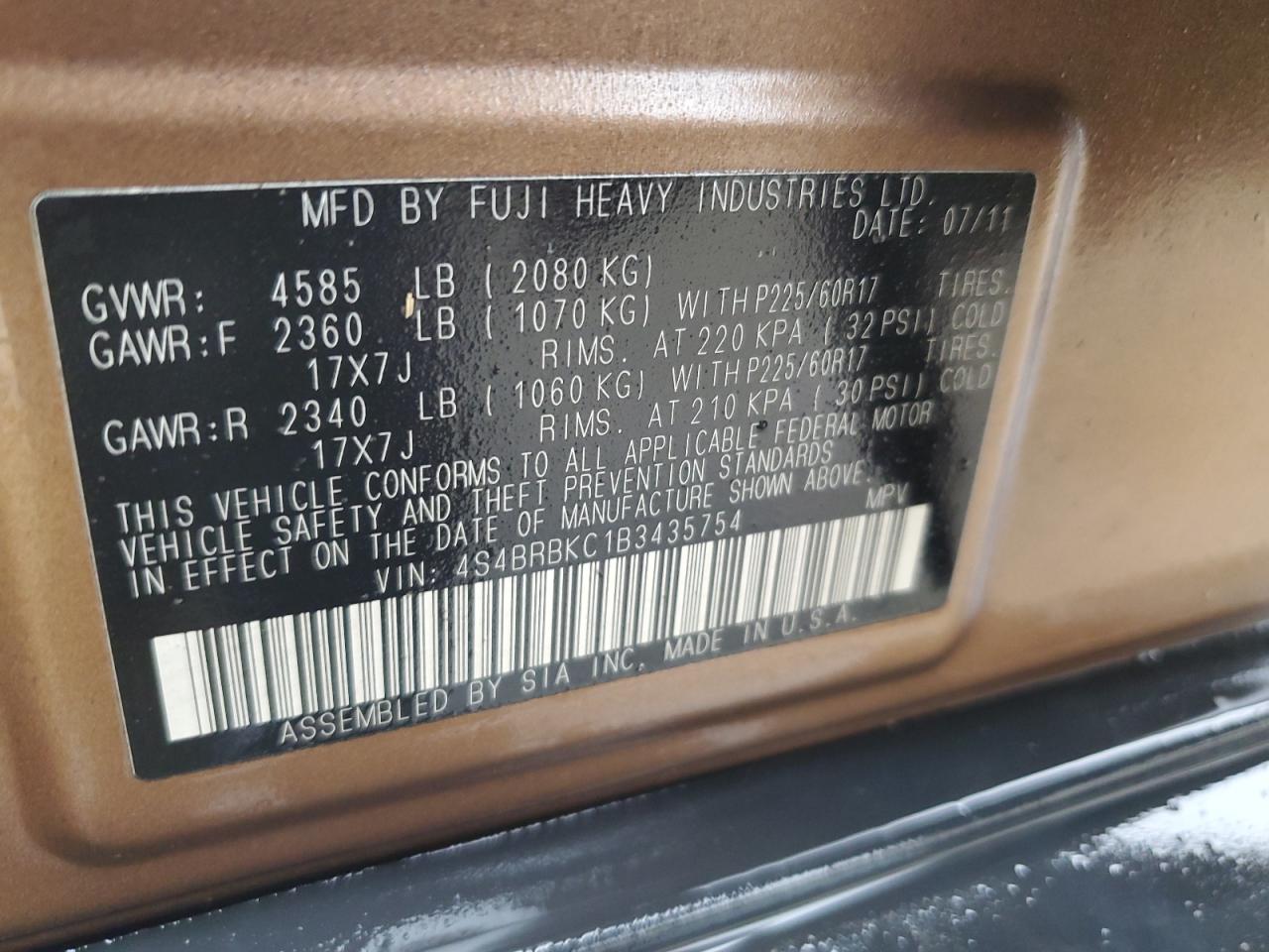 4S4BRBKC1B3435754 2011 Subaru Outback 2.5I Limited