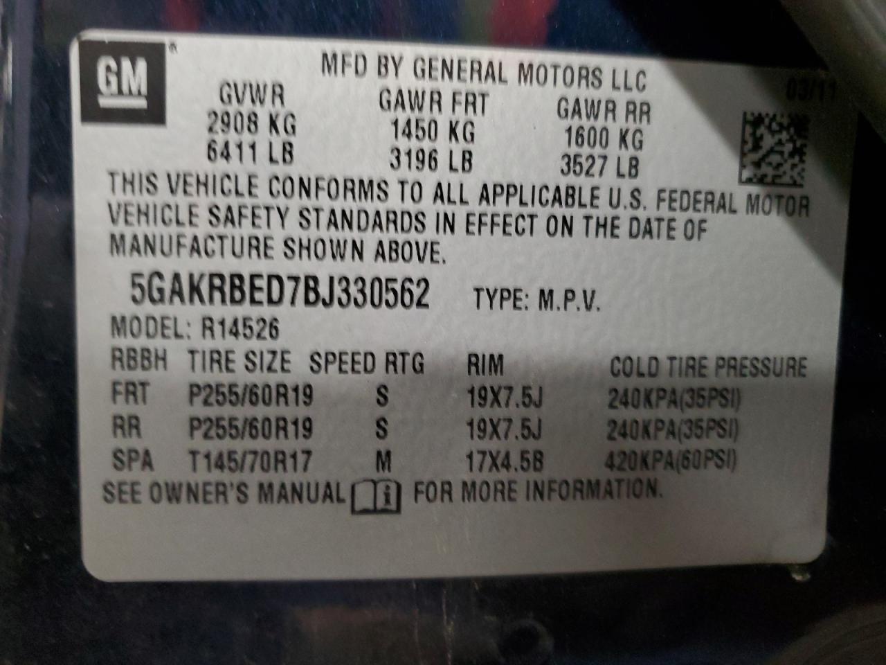 5GAKRBED7BJ330562 2011 Buick Enclave Cxl