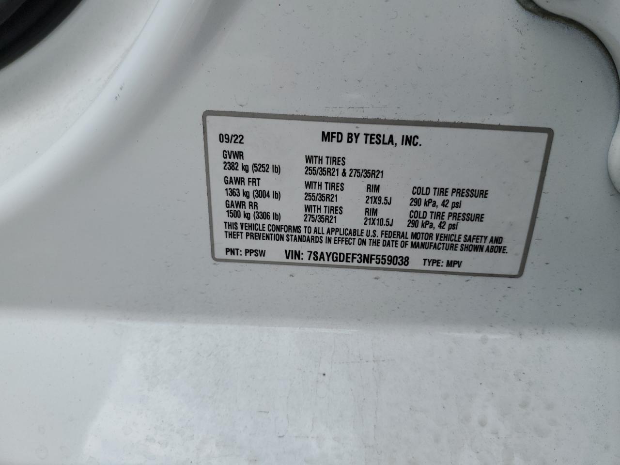 7SAYGDEF3NF559038 2022 Tesla Model Y