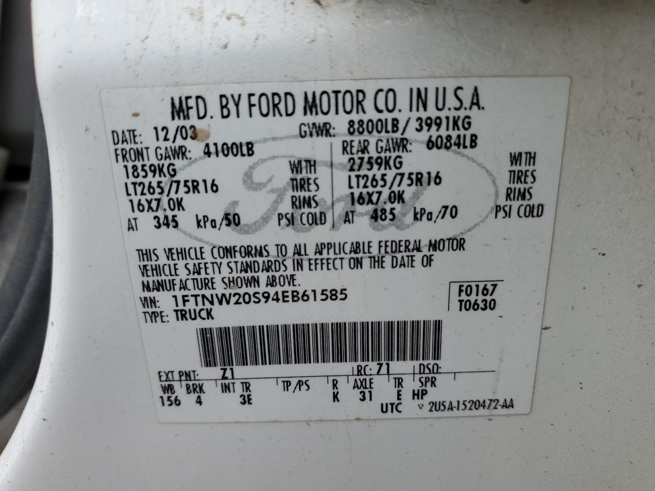 1FTNW20S94EB61585 2004 Ford F250 Super Duty