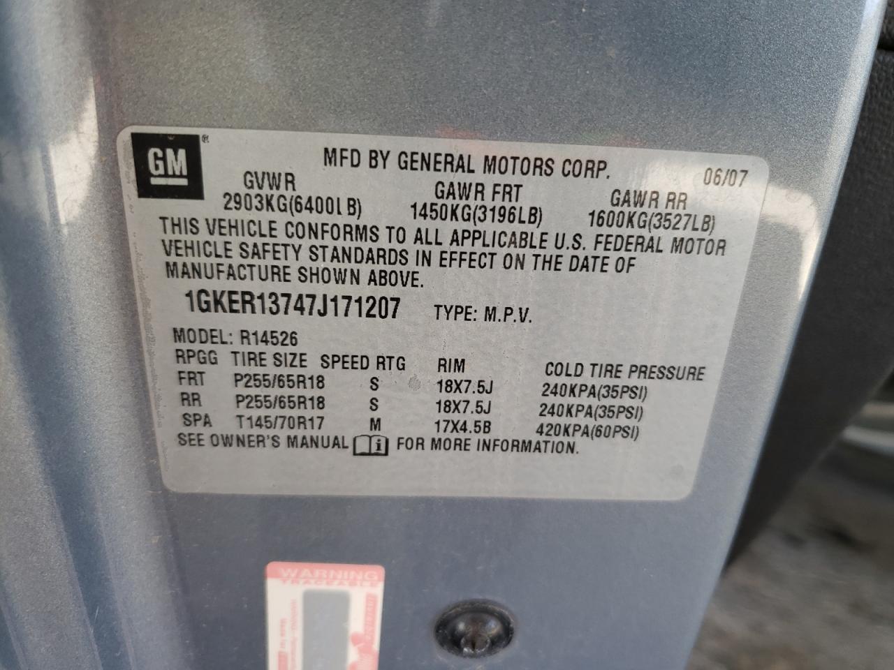 1GKER13747J171207 2007 GMC Acadia Sle