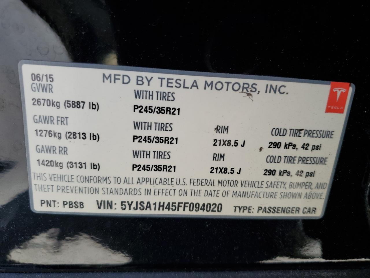 2015 Tesla Model S P85D vin: 5YJSA1H45FF094020