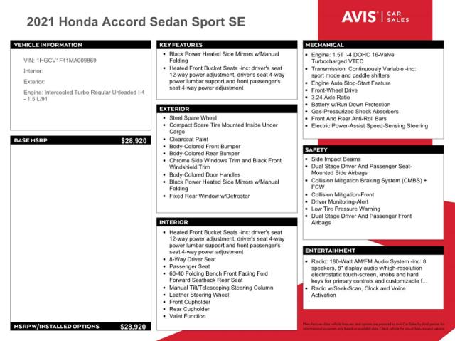 2021 Honda Accord Sport Se VIN: 1HGCV1F41MA009869 Lot: 52683944