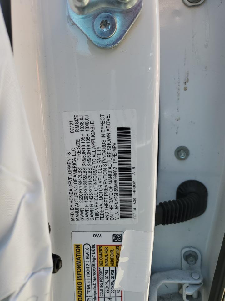 5FNYF6H59MB098862 2021 Honda Pilot Exl