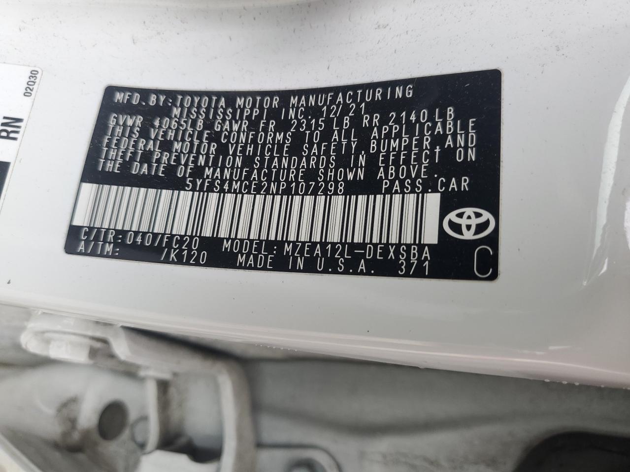 5YFS4MCE2NP107298 2022 Toyota Corolla Se