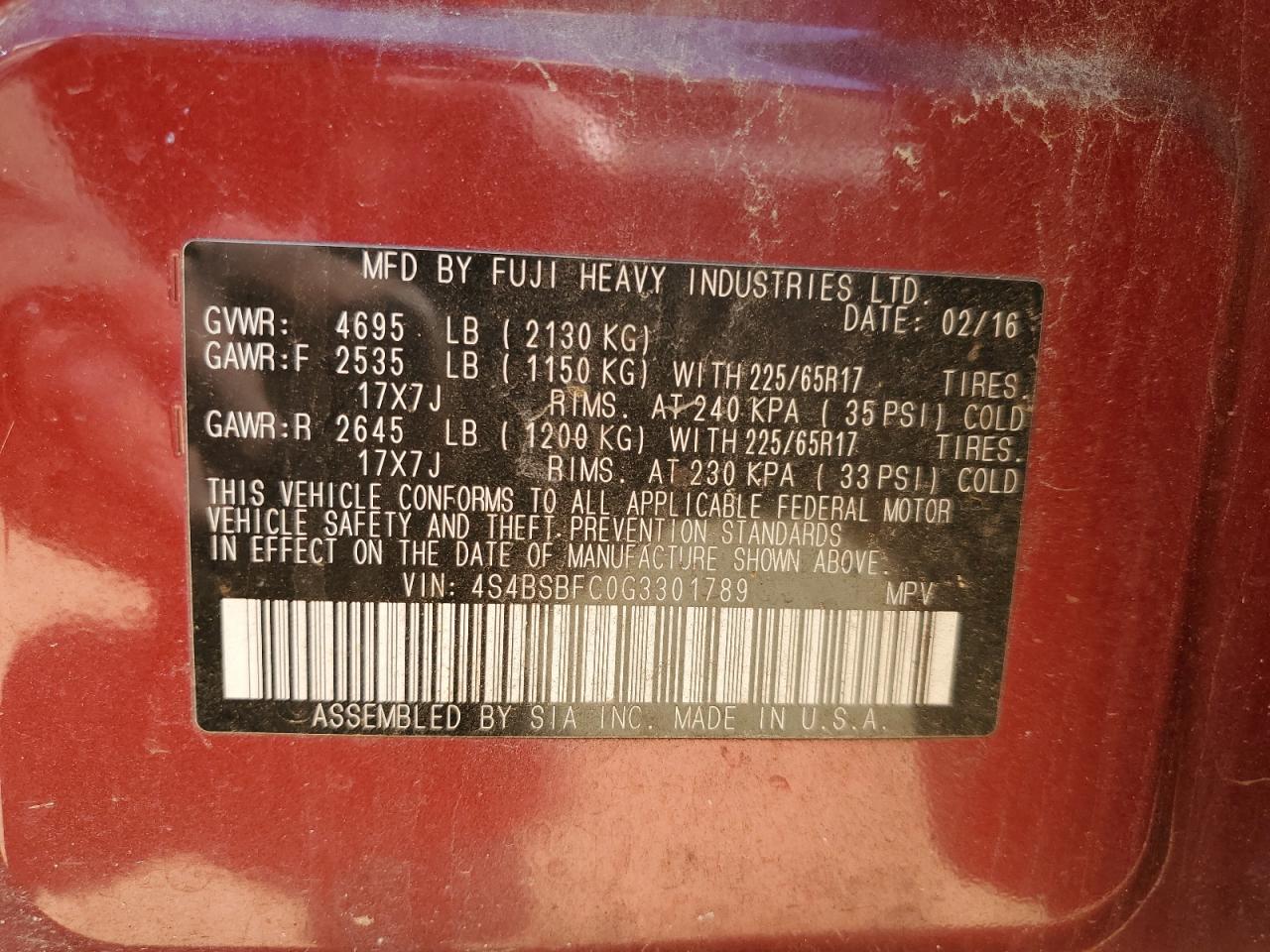 4S4BSBFC0G3301789 2016 Subaru Outback 2.5I Premium