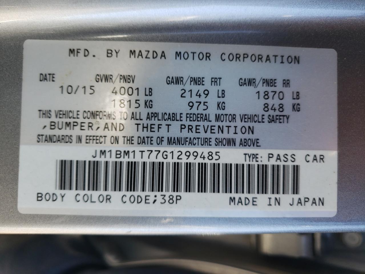 JM1BM1T77G1299485 2016 Mazda 3 Sport