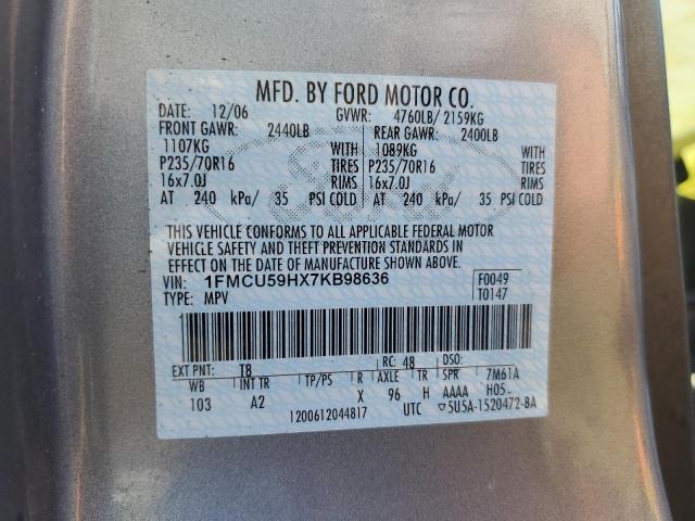 2007 Ford Escape Hev VIN: 1FMCU59HX7KB98636 Lot: 52096034