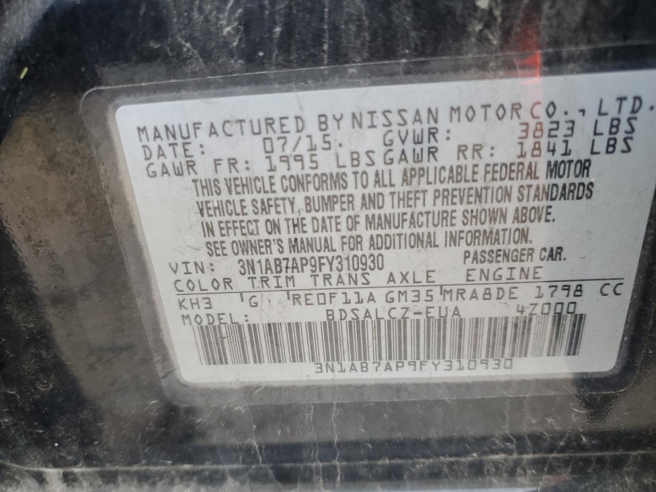 3N1AB7AP9FY310930 2015 Nissan Sentra S