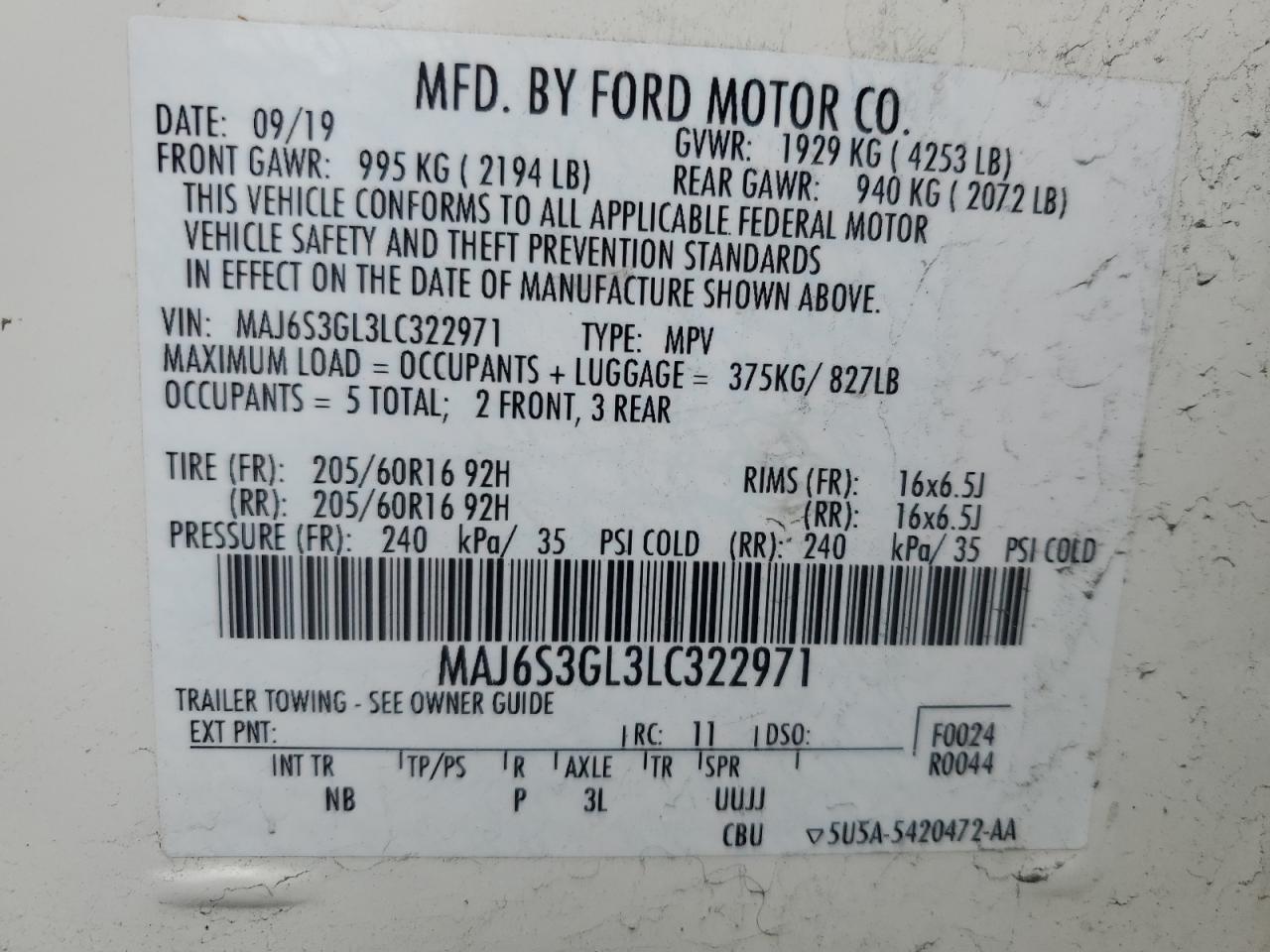 MAJ6S3GL3LC322971 2020 Ford Ecosport Se