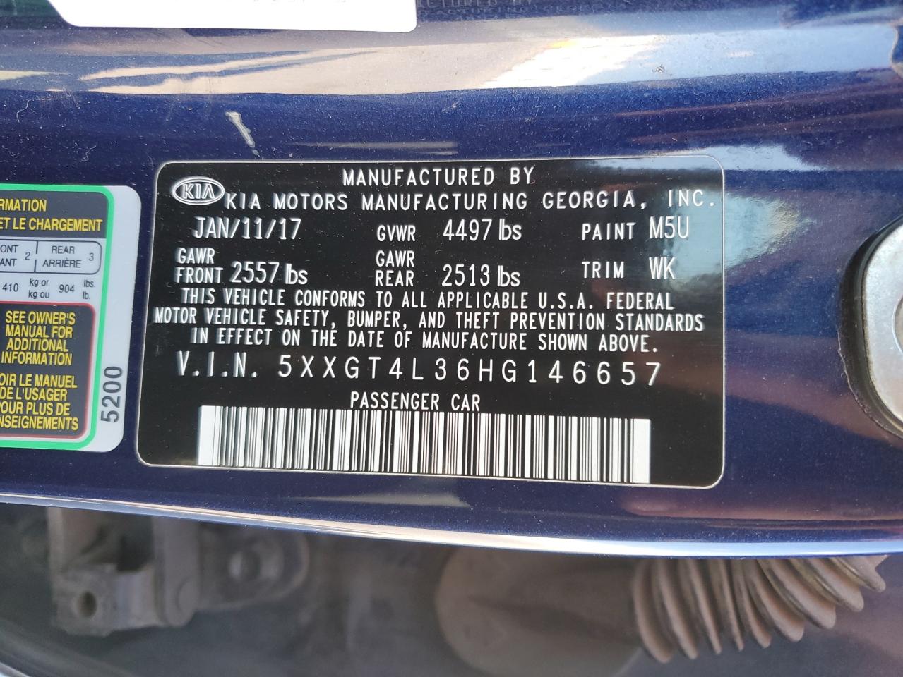 5XXGT4L36HG146657 2017 Kia Optima Lx