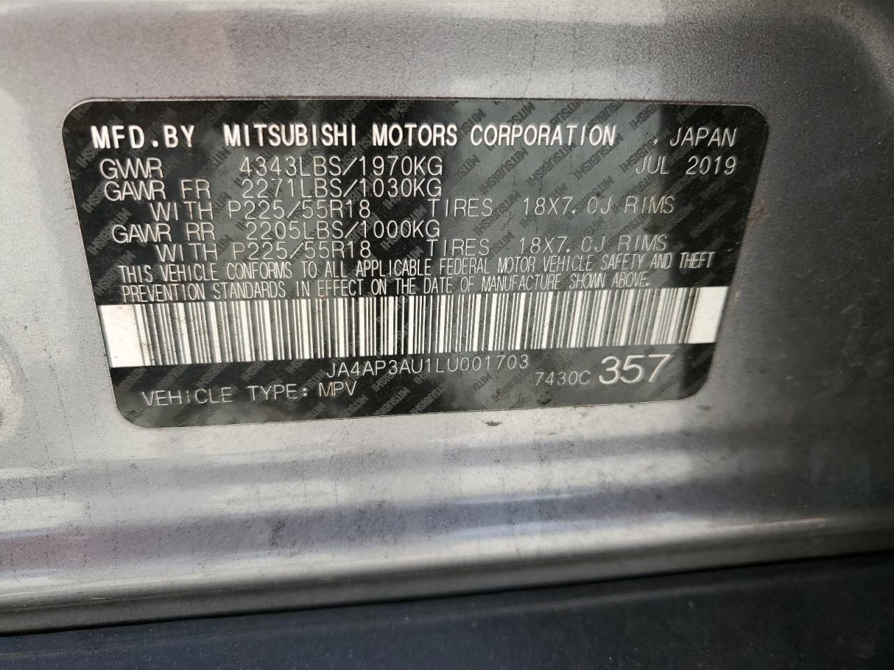 JA4AP3AU1LU001703 2020 Mitsubishi Outlander Sport Es