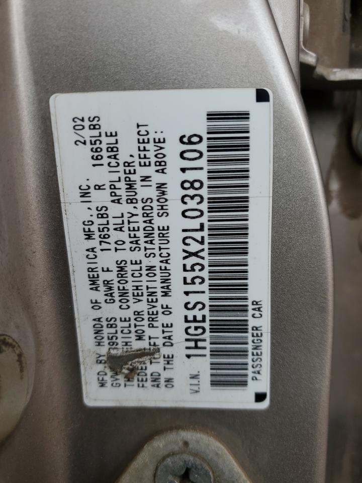 1HGES155X2L038106 2002 Honda Civic Lx